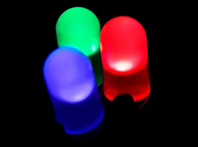 Three small LEDs glowing red, green and blue