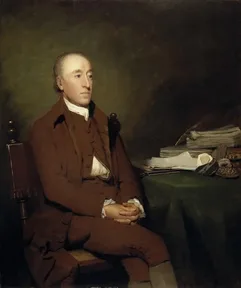 A painted portrait of James Hutton sitting at a table with rocks and papers