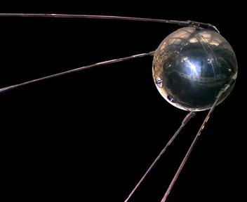 A model of Sputnik 1: a shiny metal ball with four long antennas