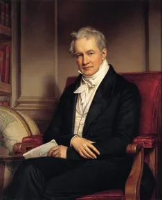 A painted portrait of Alexander von Humboldt in old age, sitting beside a globe