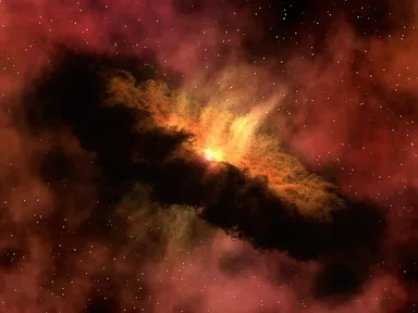 An artist’s picture of a young star surrounded by a glowing disk of dust where planets form