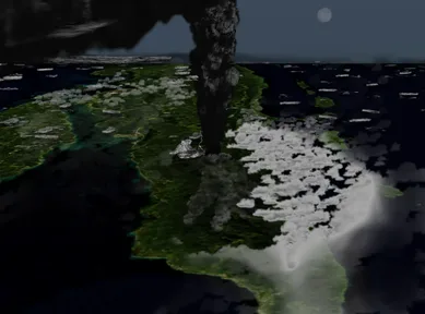 An illustration of the Toba eruption as it might have looked from high above Sumatra