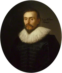 A painted portrait of William Harvey with a white collar